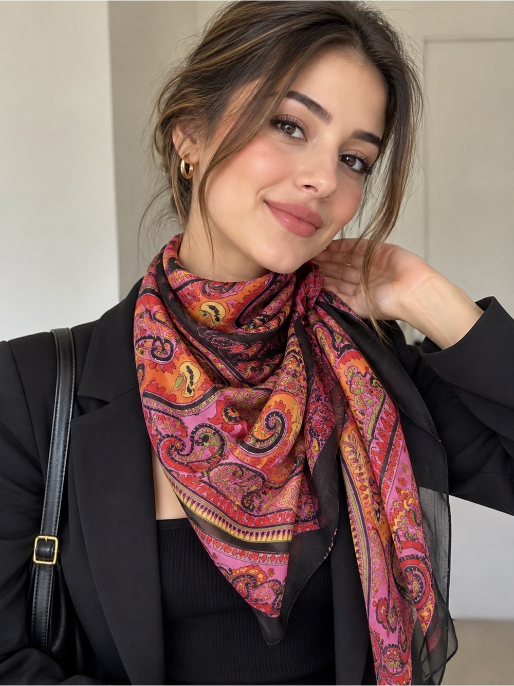 AFRODIT 100% Silk Paisley Scarf Pink Orange Black Oversized Statement Wrap